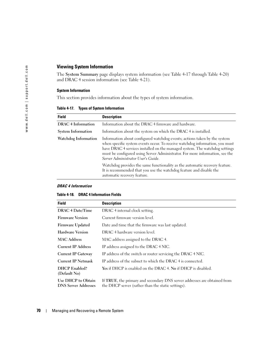 Dell Remote Access Controller 4 Firmware Version 1.30 manual Viewing System Information 