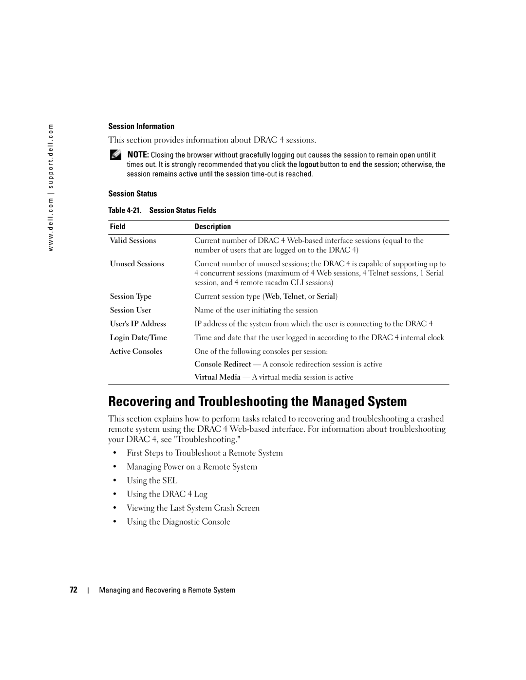 Dell Remote Access Controller 4 Firmware Version 1.30 manual Recovering and Troubleshooting the Managed System 