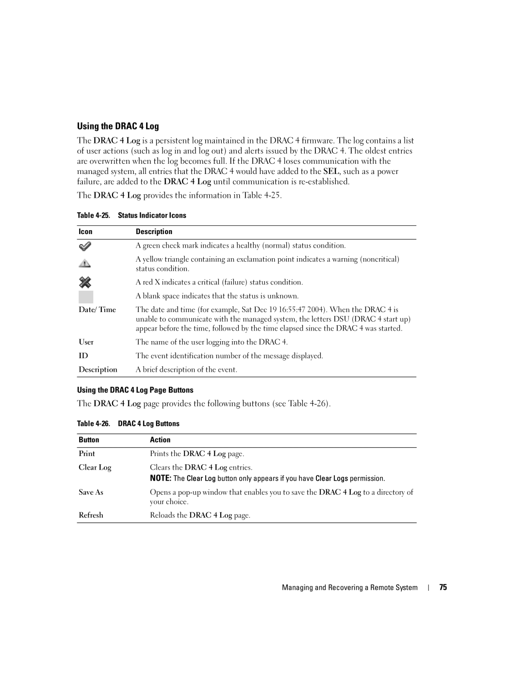 Dell Remote Access Controller 4 Firmware Version 1.30 Using the Drac 4 Log, Status Indicator Icons Description, Date/ Time 