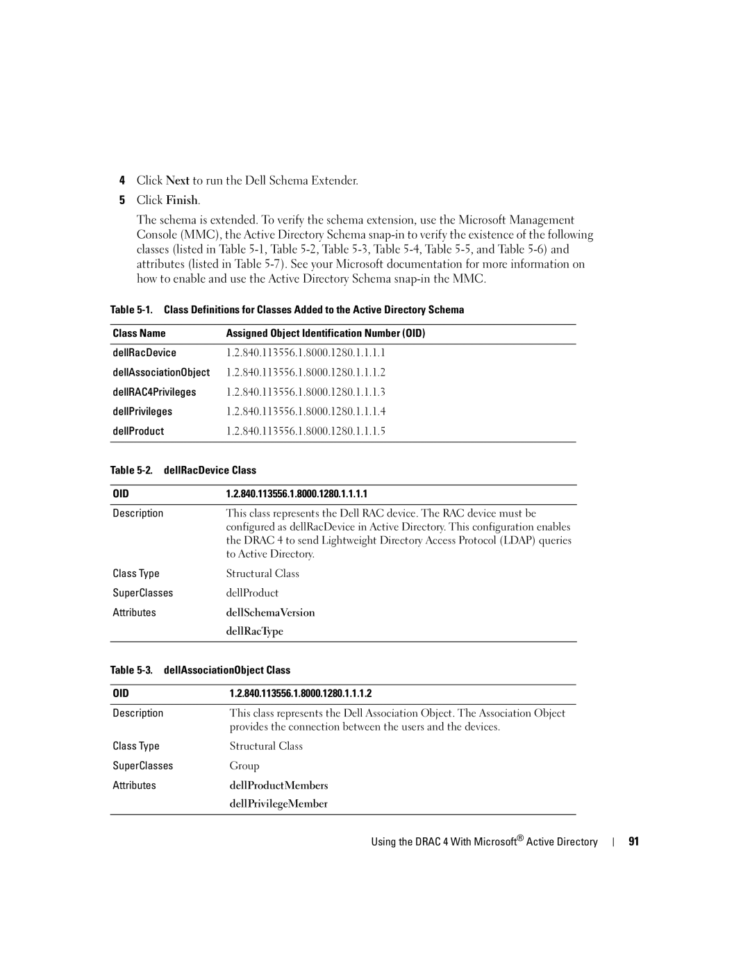 Dell Remote Access Controller 4 Firmware Version 1.30 manual Click Next to run the Dell Schema Extender Click Finish 