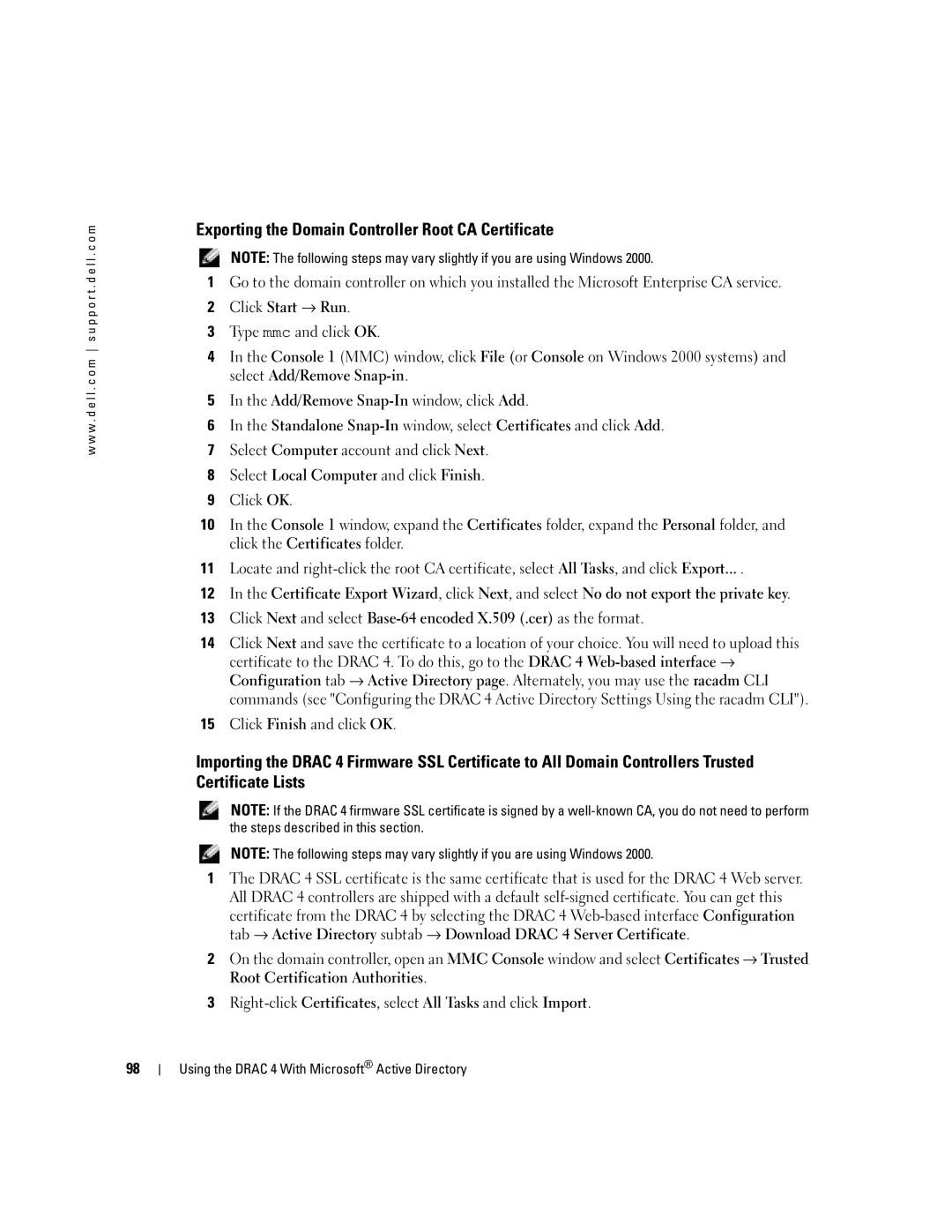 Dell Remote Access Controller 4 Firmware Version 1.30 manual Exporting the Domain Controller Root CA Certificate 