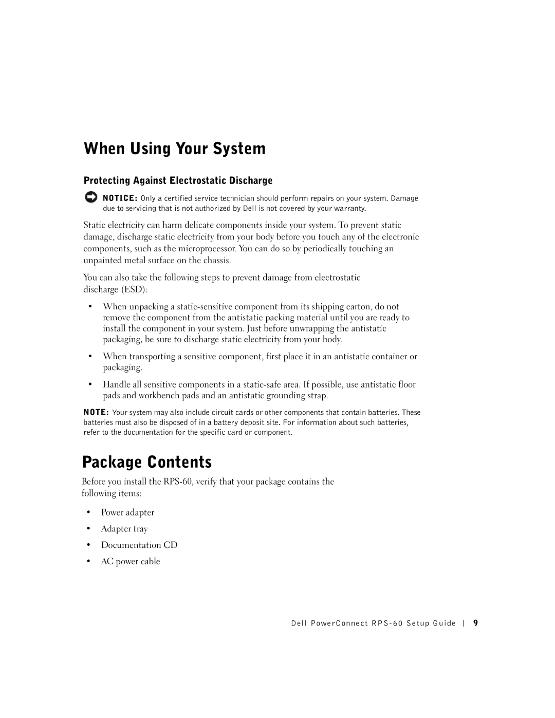 Dell RPS-60, 6P317 setup guide When Using Your System, Package Contents 