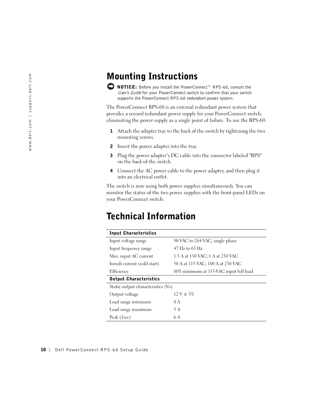 Dell 6P317, RPS-60 setup guide Mounting Instructions, Technical Information 