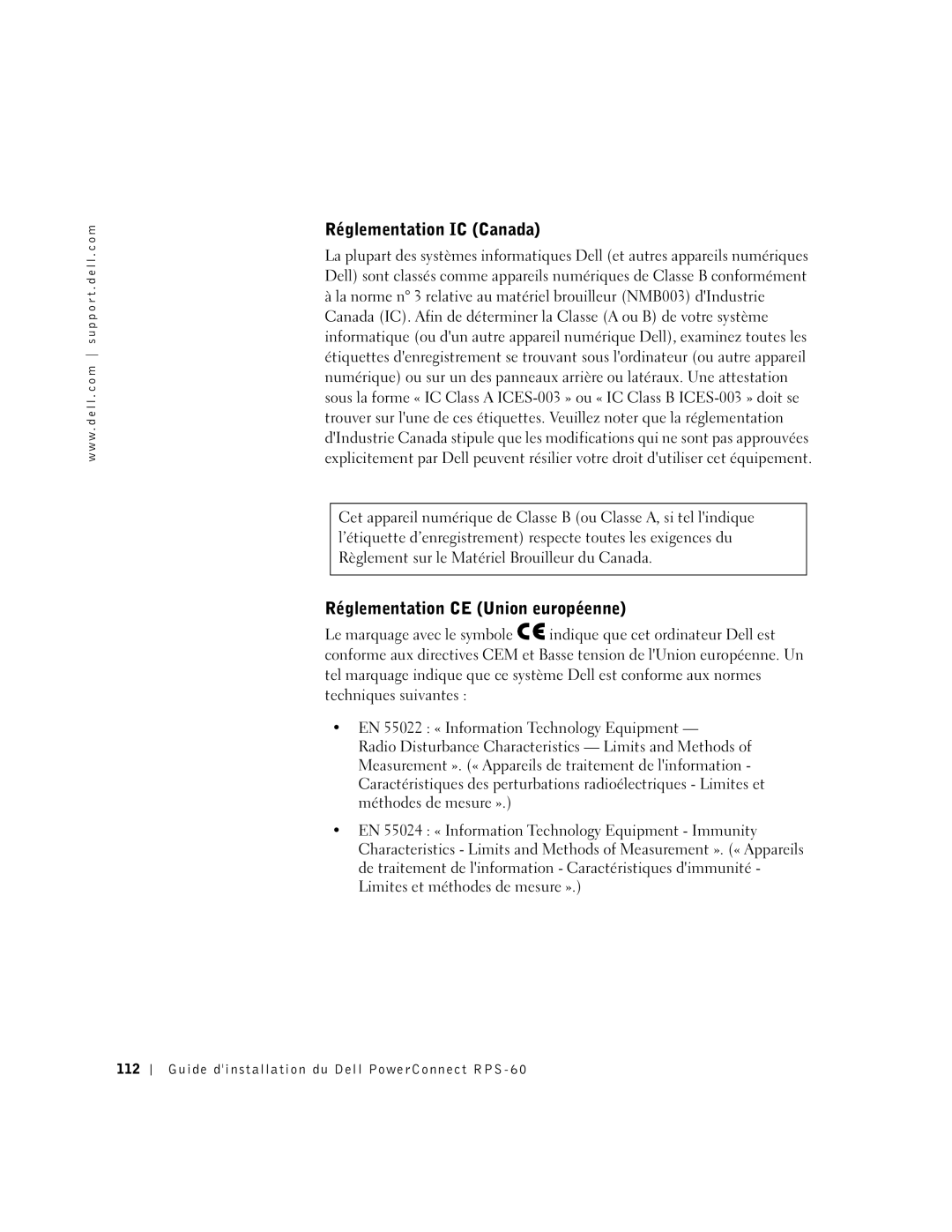 Dell 6P317, RPS-60 setup guide Réglementation IC Canada, Réglementation CE Union européenne 