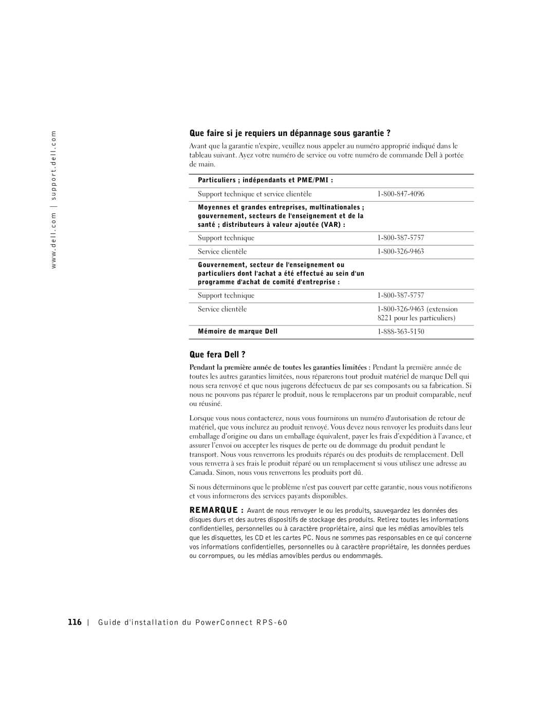 Dell 6P317, RPS-60 setup guide Que faire si je requiers un dépannage sous garantie ?, Que fera Dell ? 