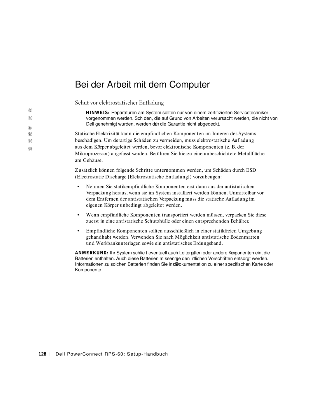 Dell 6P317, RPS-60 setup guide Bei der Arbeit mit dem Computer, Schutz vor elektrostatischer Entladung 