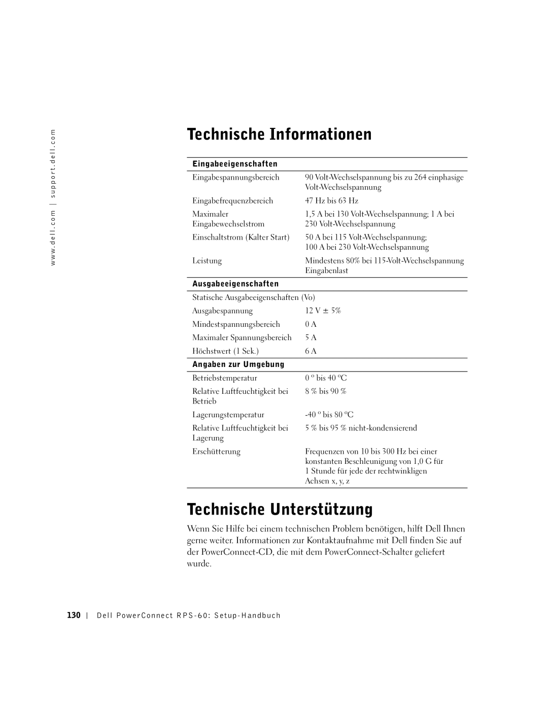 Dell 6P317, RPS-60 setup guide Technische Informationen, Technische Unterstützung 