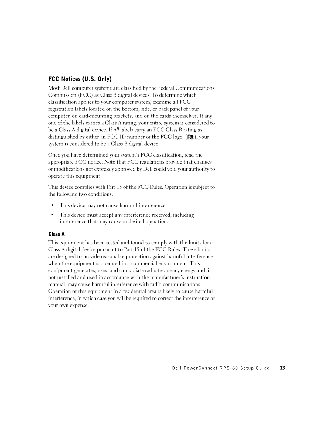 Dell RPS-60, 6P317 setup guide FCC Notices U.S. Only, Class a 