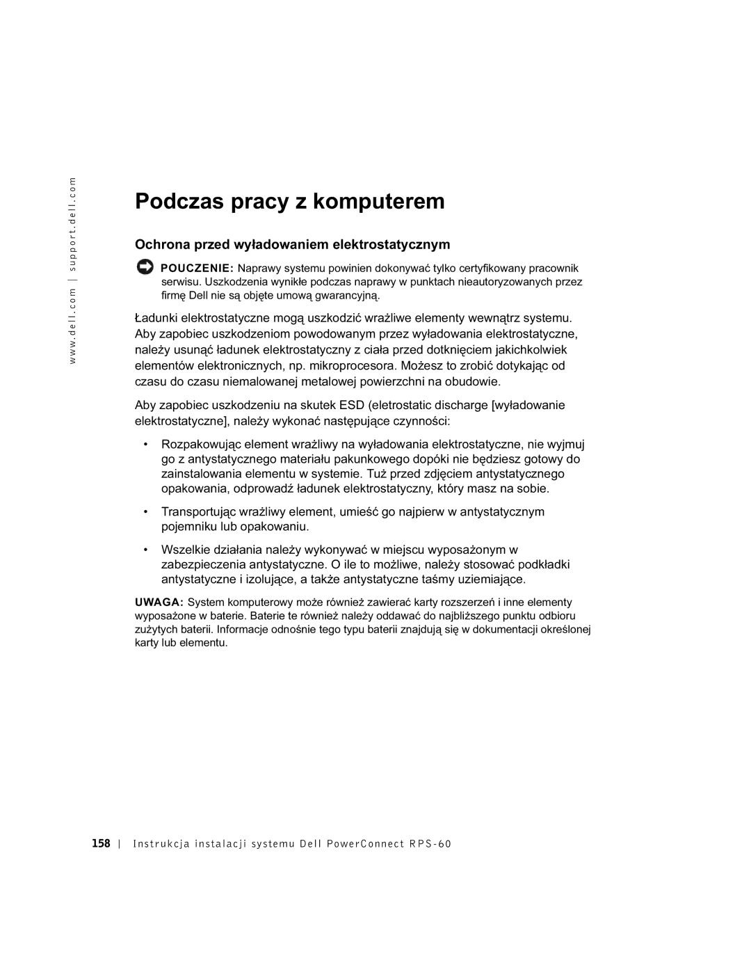 Dell 6P317, RPS-60 setup guide Podczas pracy z komputerem, Ochrona przed wyładowaniem elektrostatycznym 