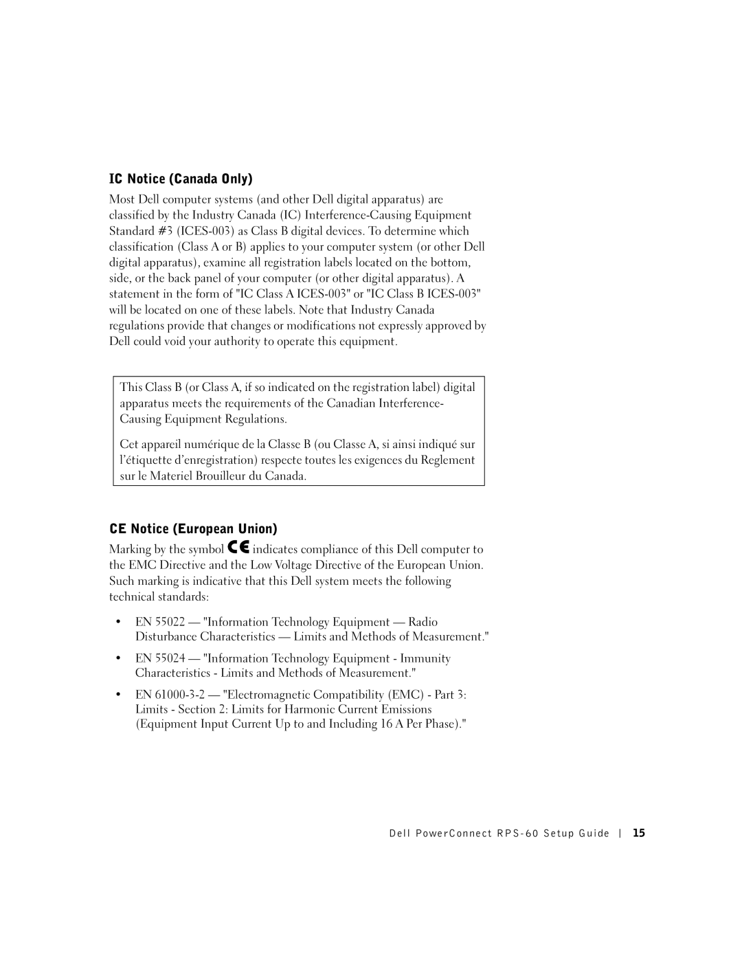 Dell RPS-60, 6P317 setup guide IC Notice Canada Only, CE Notice European Union 