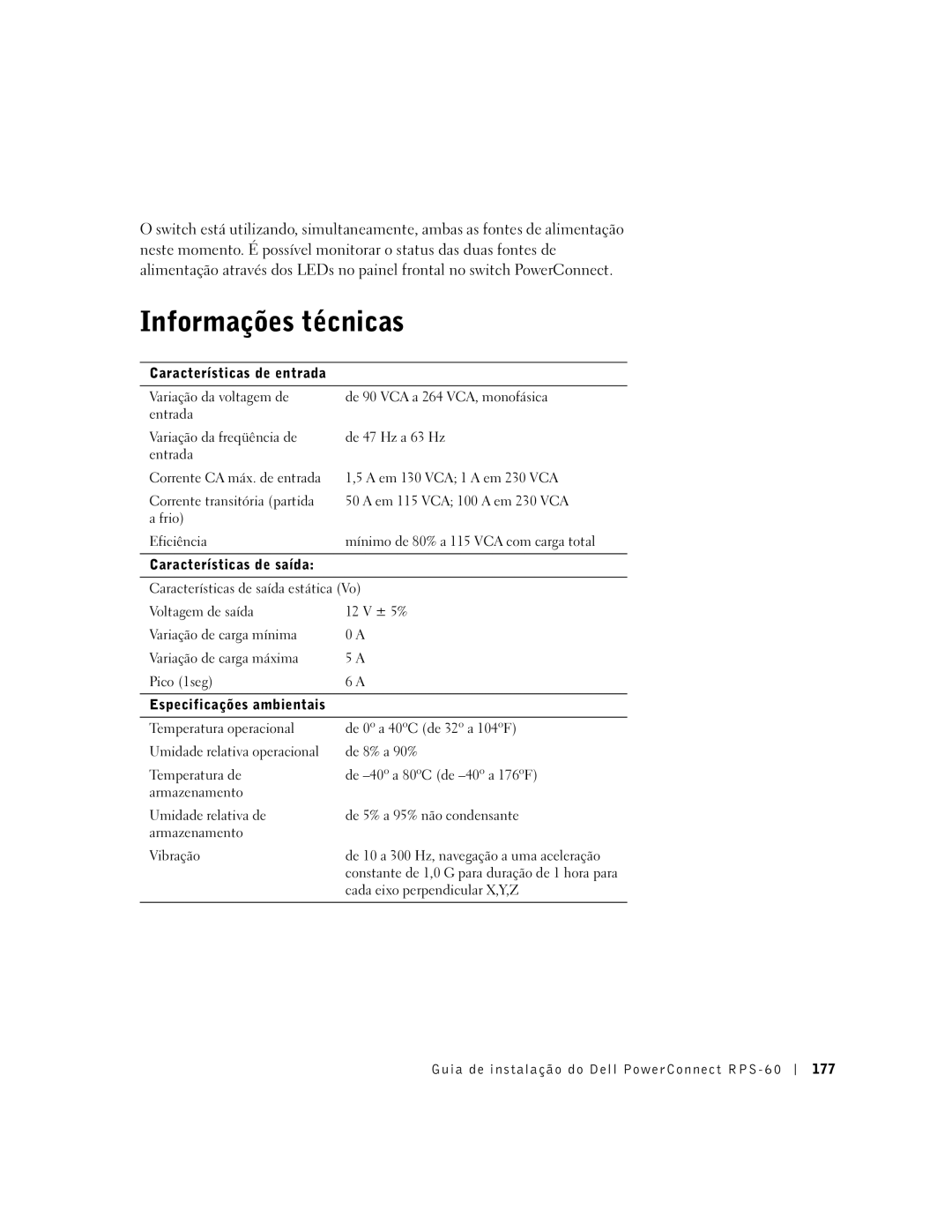 Dell RPS-60, 6P317 setup guide Informações técnicas, Características de entrada 