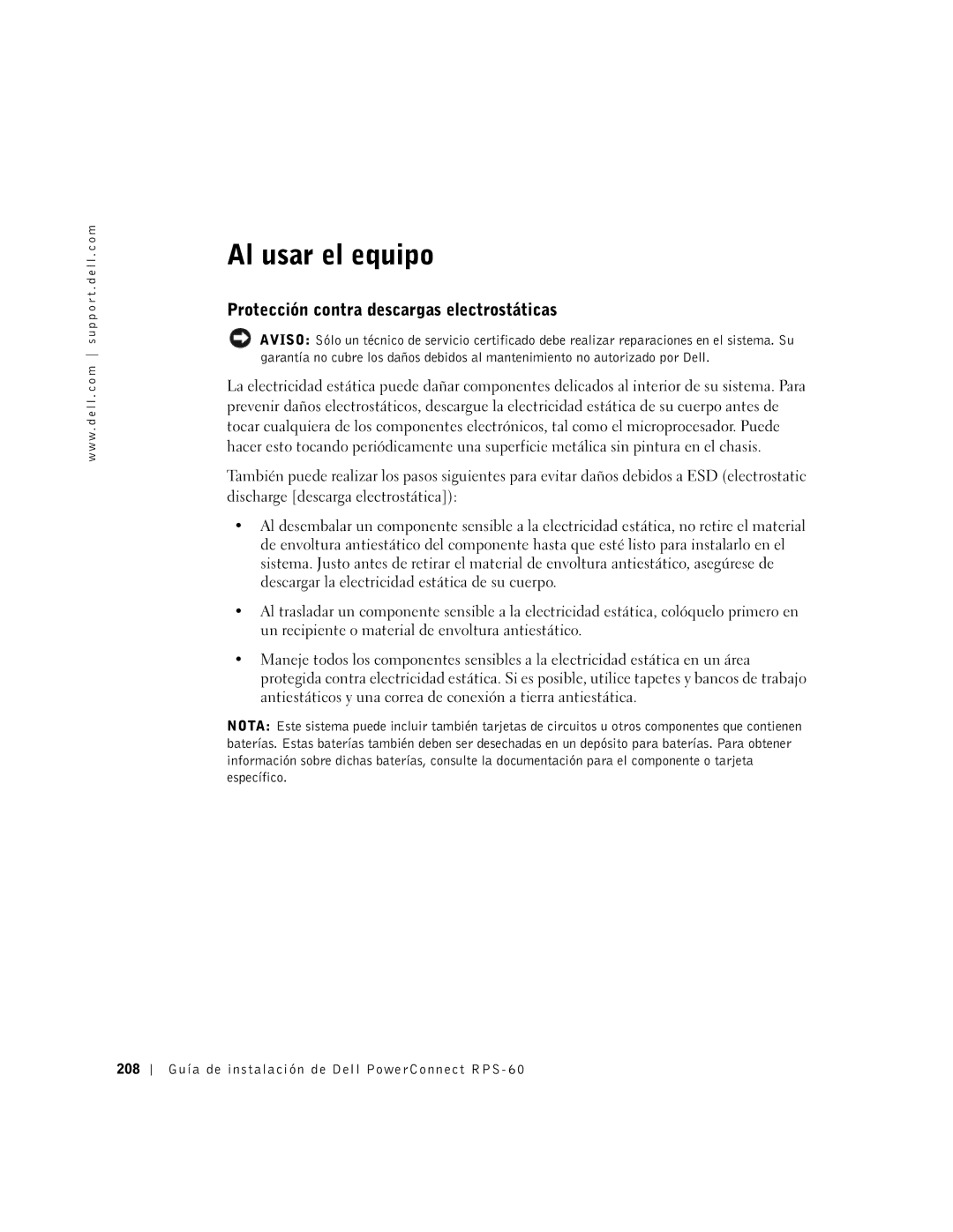 Dell 6P317, RPS-60 setup guide Al usar el equipo, Protección contra descargas electrostáticas 