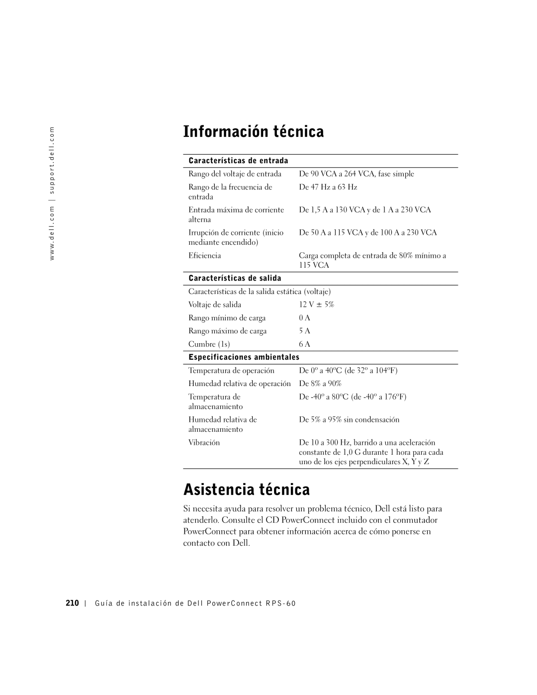 Dell 6P317, RPS-60 setup guide Información técnica, Asistencia técnica 