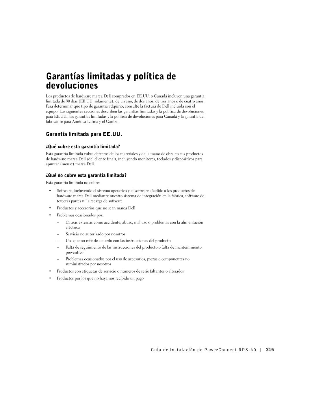 Dell RPS-60, 6P317 setup guide Garantías limitadas y política de devoluciones, Garantía limitada para EE.UU 