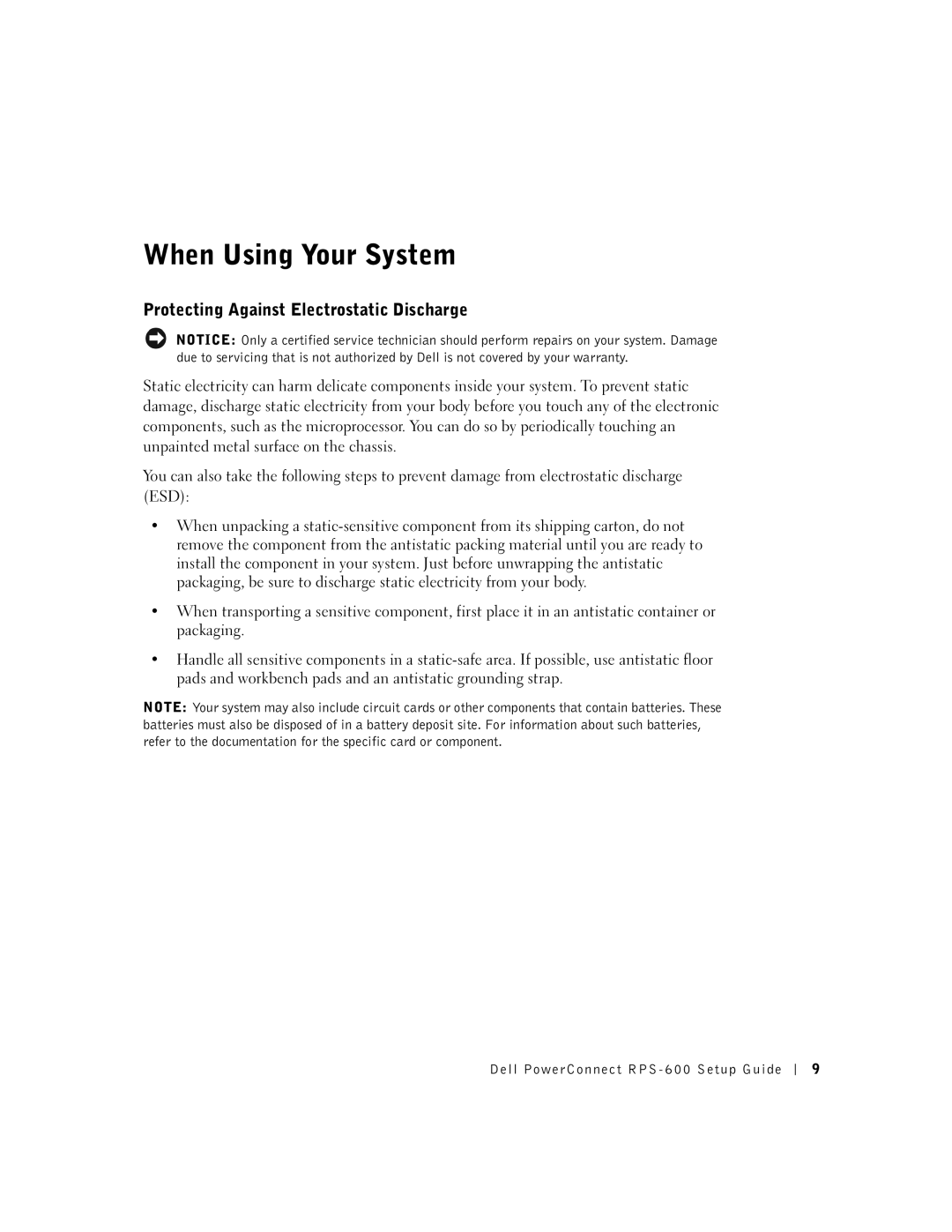 Dell RPS-600, 2T227 setup guide When Using Your System, Protecting Against Electrostatic Discharge 