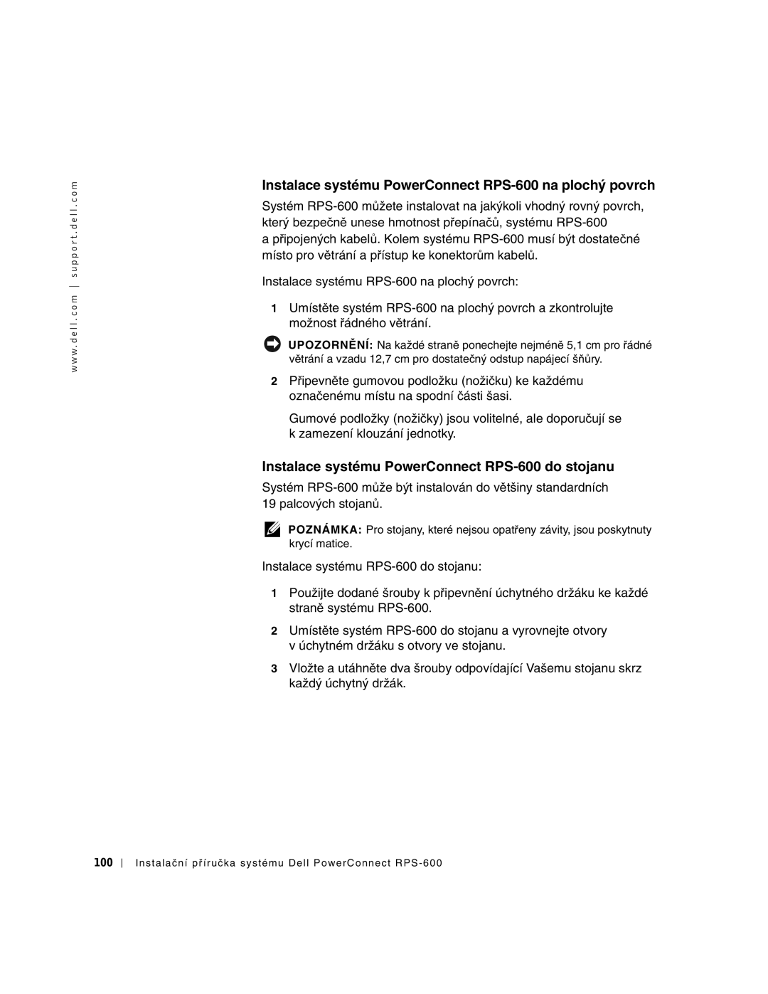 Dell 2T227 Instalace systému PowerConnect RPS-600 na plochý povrch, Instalace systému PowerConnect RPS-600 do stojanu 