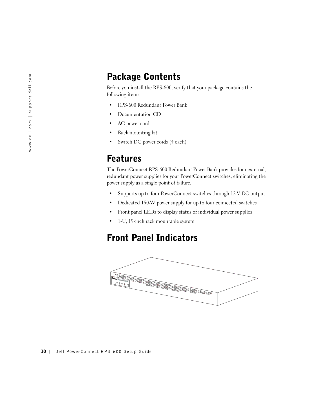 Dell 2T227, RPS-600 setup guide Package Contents, Features, Front Panel Indicators 