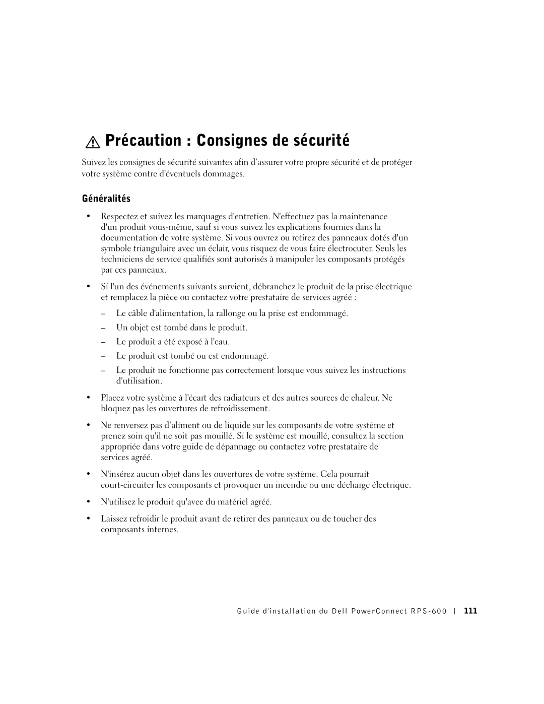 Dell RPS-600, 2T227 setup guide Précaution Consignes de sécurité, Généralités 