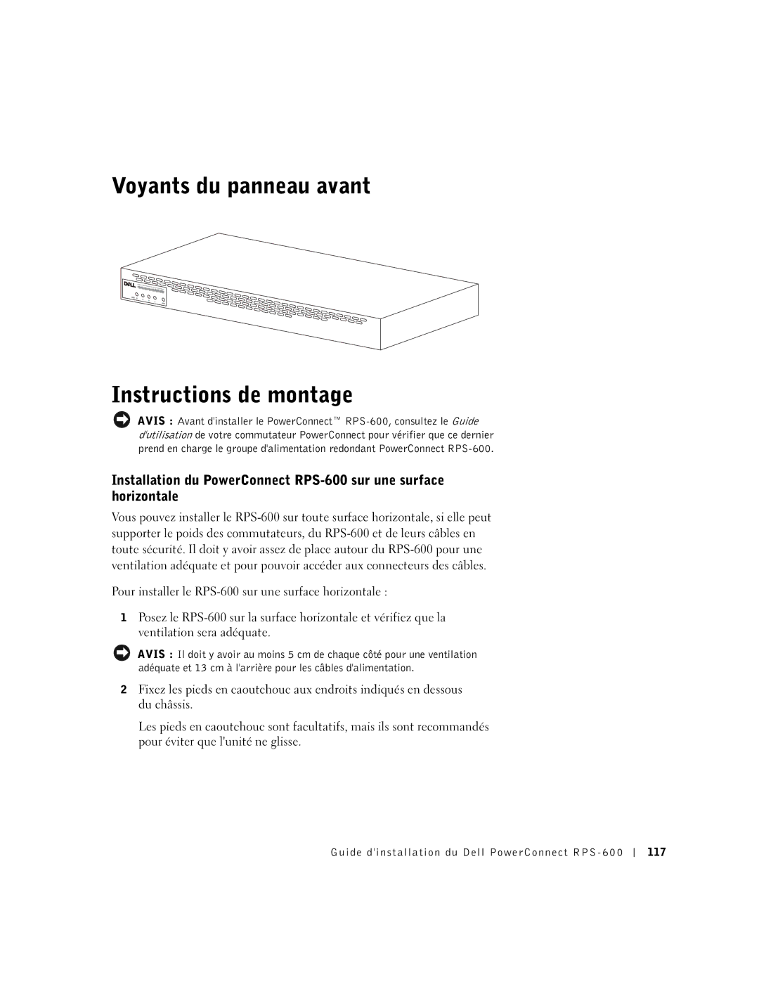 Dell RPS-600, 2T227 setup guide Voyants du panneau avant Instructions de montage 