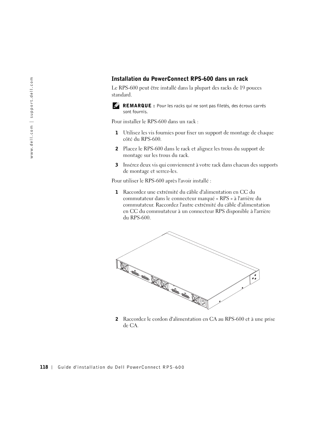 Dell 2T227 setup guide Installation du PowerConnect RPS-600 dans un rack 