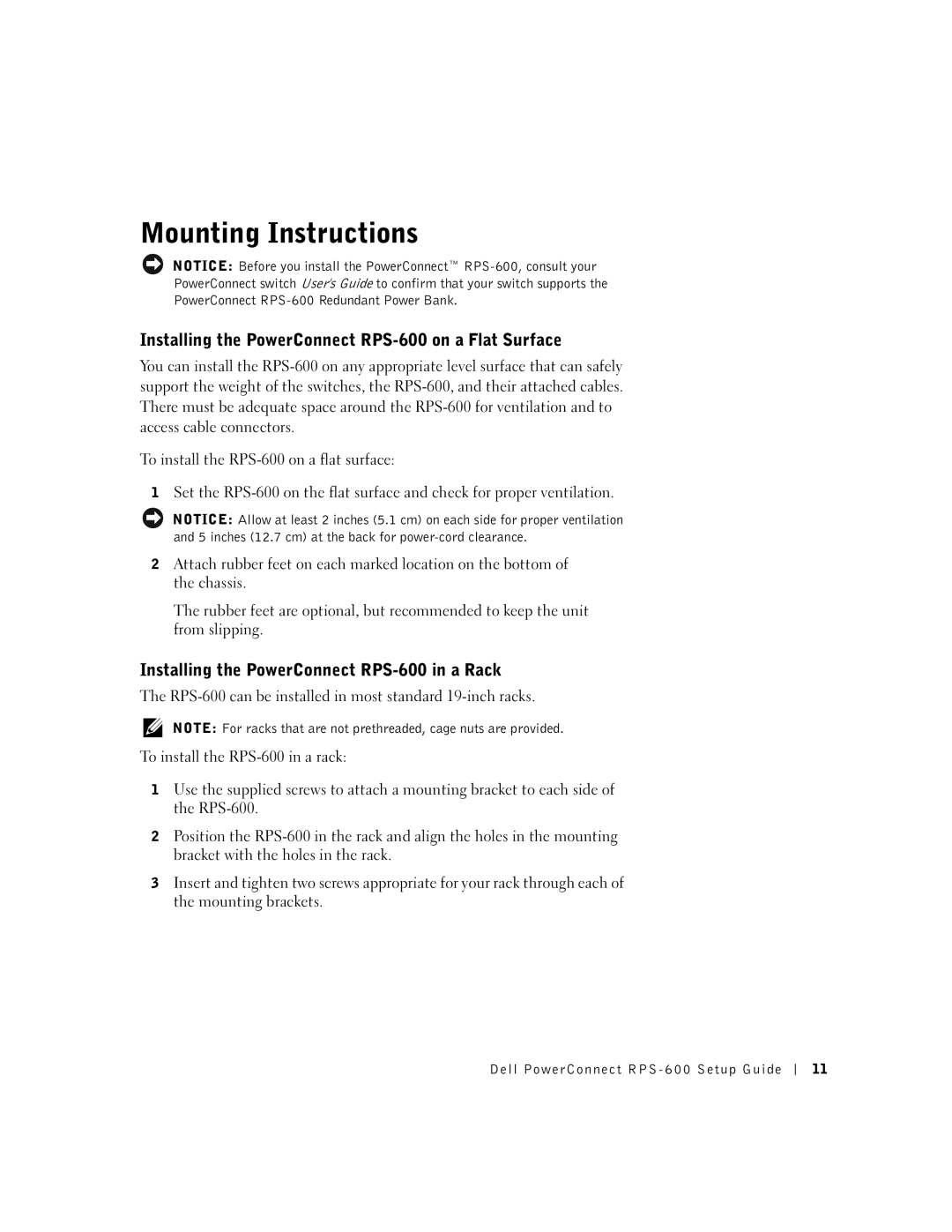 Dell 2T227 setup guide Mounting Instructions, Installing the PowerConnect RPS-600 on a Flat Surface 