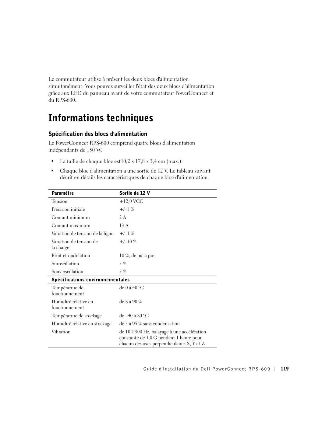 Dell RPS-600, 2T227 setup guide Informations techniques, Spécification des blocs dalimentation 