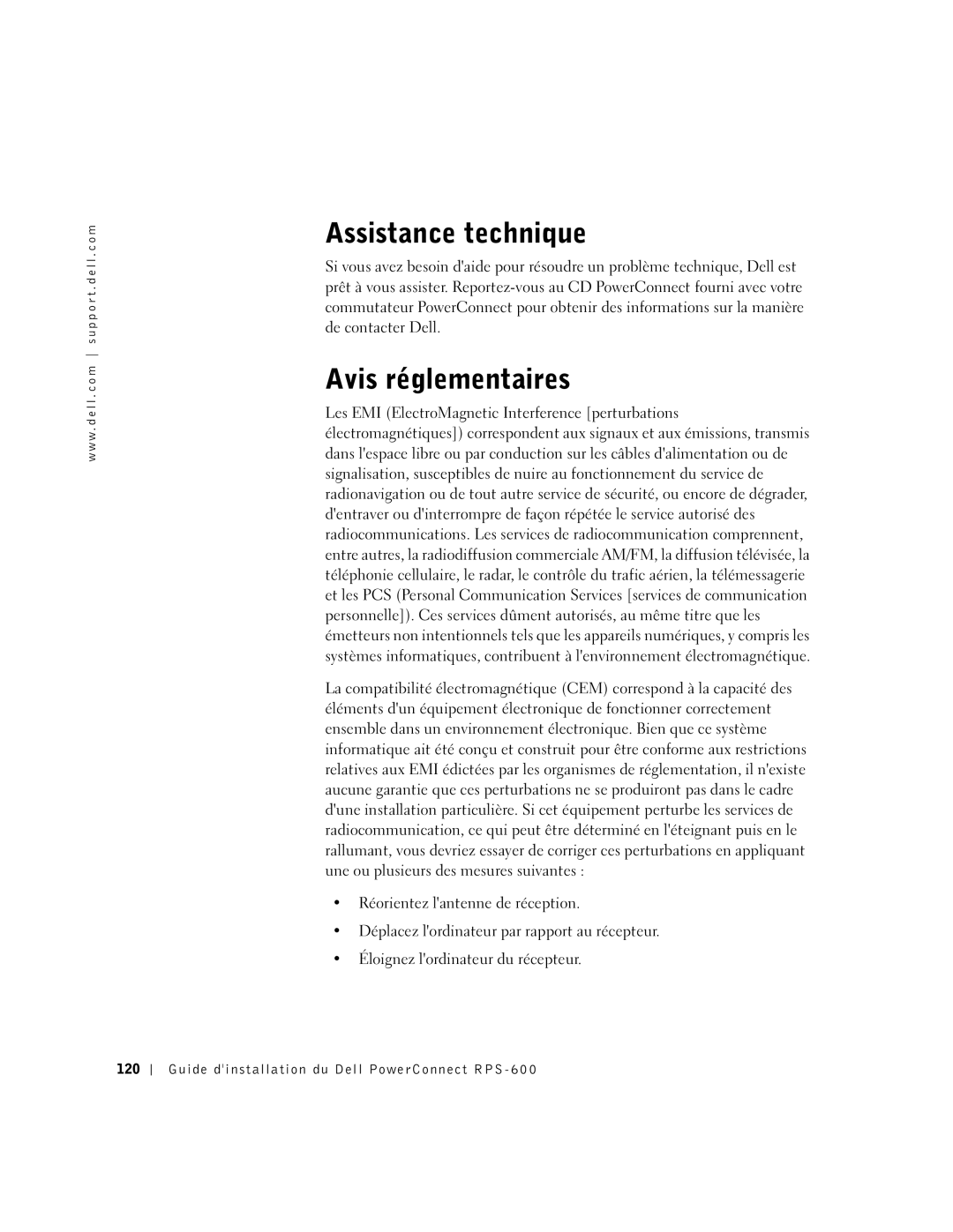 Dell 2T227, RPS-600 setup guide Assistance technique, Avis réglementaires 