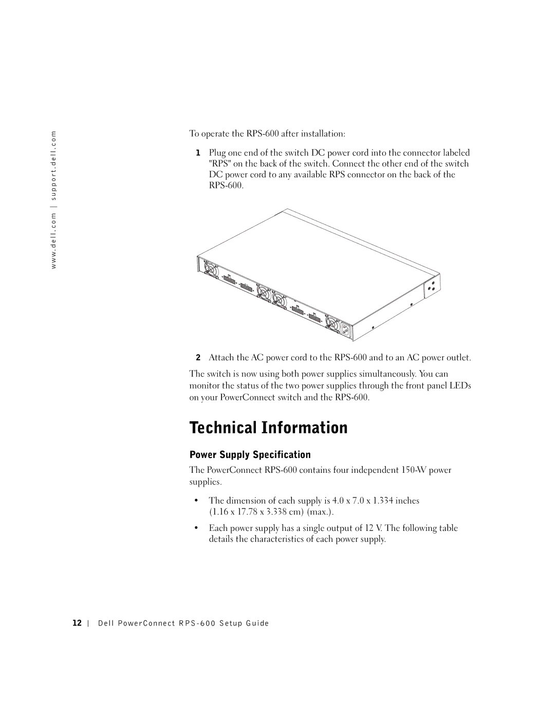 Dell 2T227, RPS-600 setup guide Technical Information, Power Supply Specification 