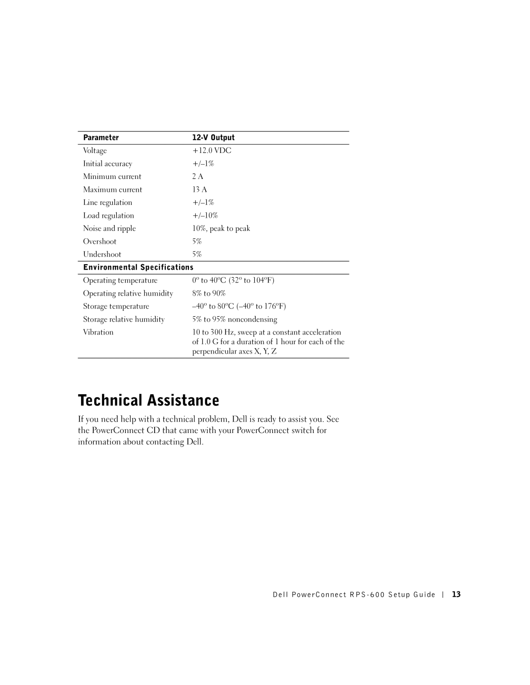 Dell RPS-600, 2T227 setup guide Technical Assistance, Parameter Output 