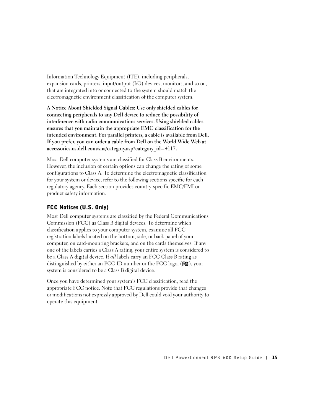 Dell RPS-600, 2T227 setup guide FCC Notices U.S. Only 