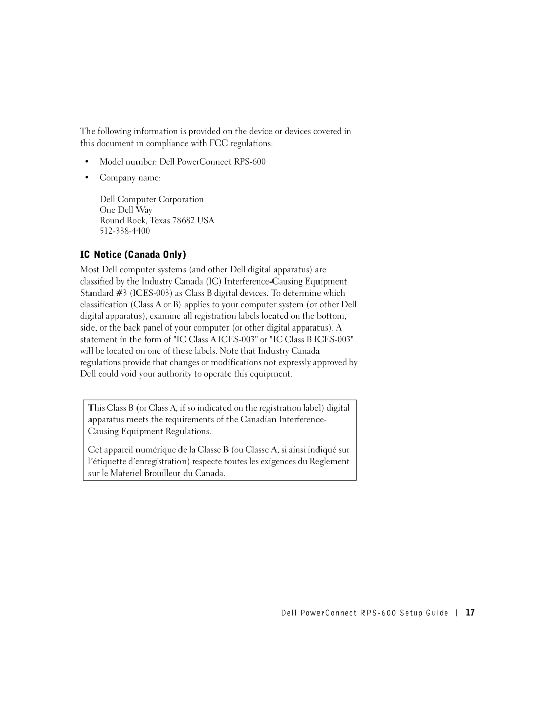 Dell RPS-600, 2T227 setup guide IC Notice Canada Only 