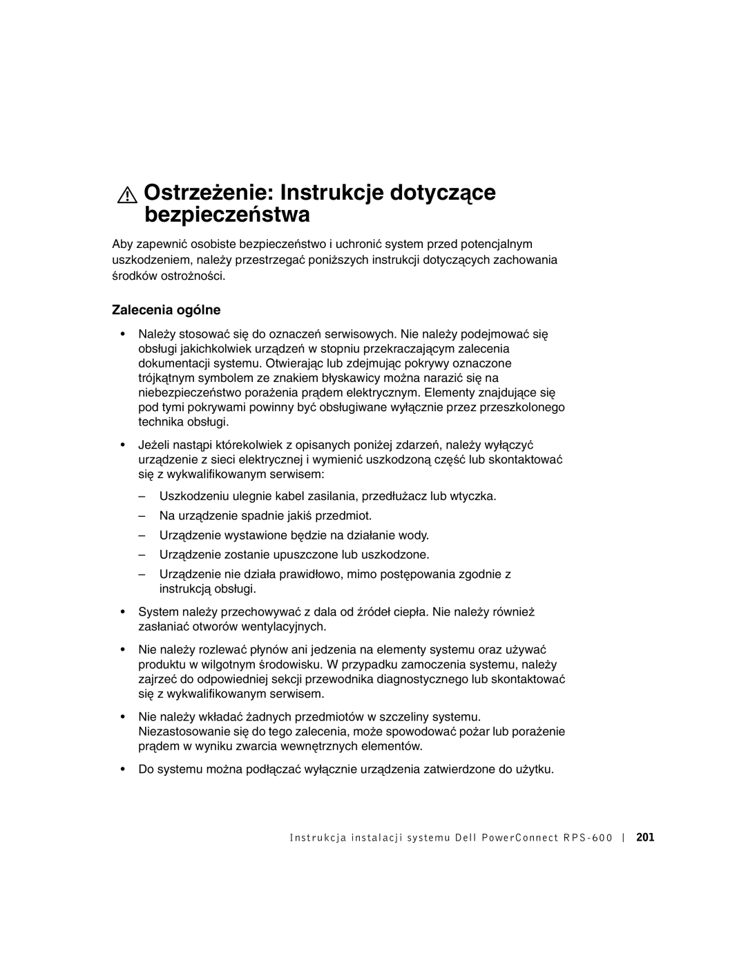 Dell RPS-600, 2T227 setup guide Ostrzeżenie Instrukcje dotyczące bezpieczeństwa, Zalecenia ogólne 