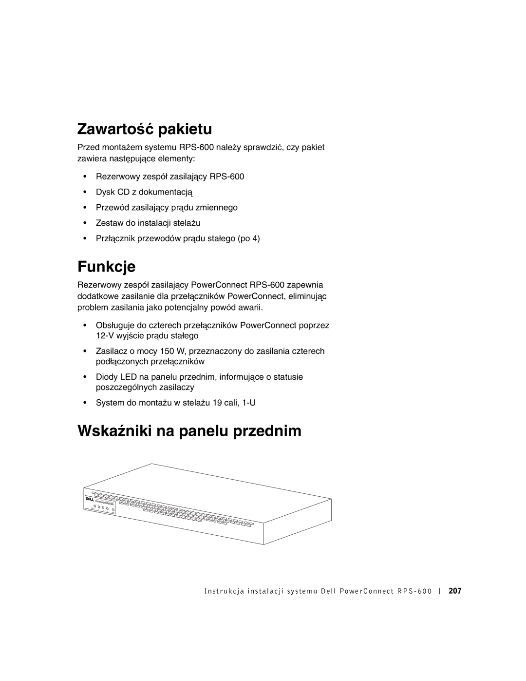 Dell RPS-600, 2T227 setup guide Zawartość pakietu, Funkcje, Wskaźniki na panelu przednim 