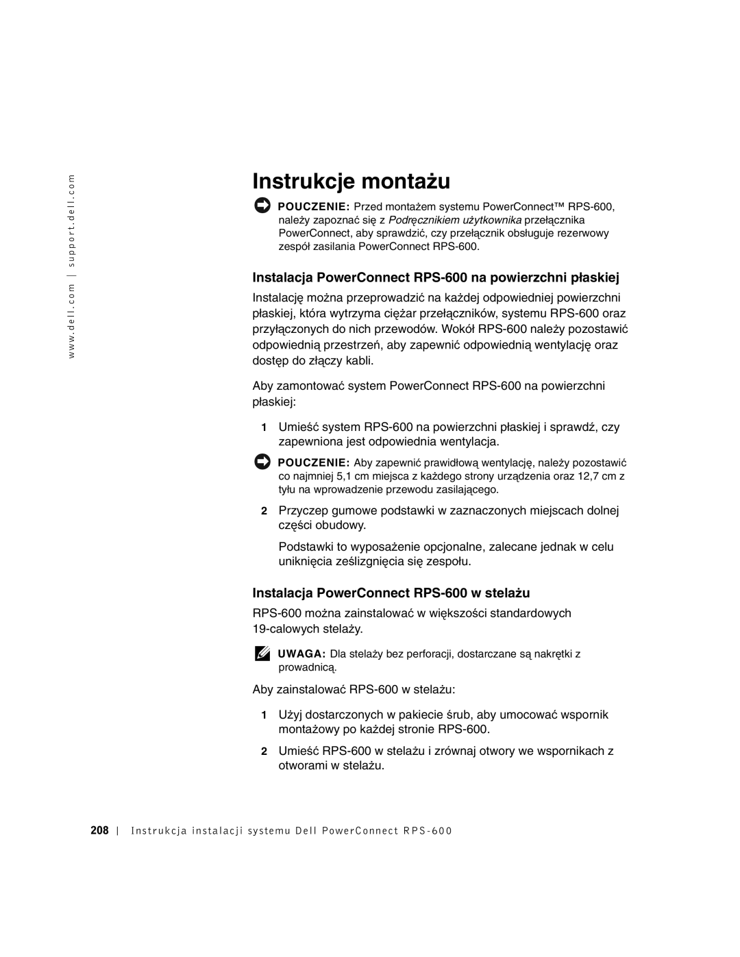 Dell 2T227 setup guide Instrukcje montażu, Instalacja PowerConnect RPS-600 na powierzchni płaskiej 