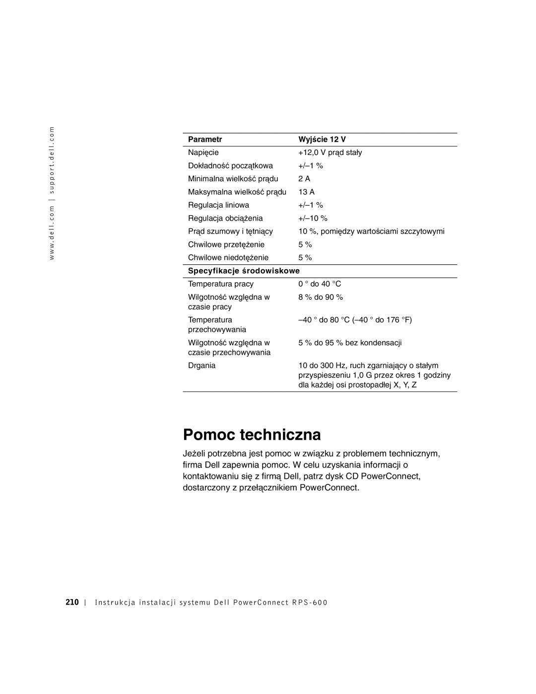 Dell 2T227, RPS-600 setup guide Pomoc techniczna, Parametr Wyjście 12 