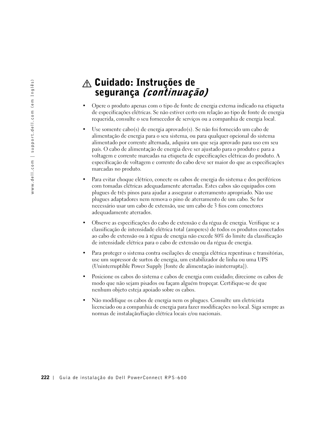 Dell 2T227, RPS-600 setup guide Cuidado Instruções de segurança continuação 