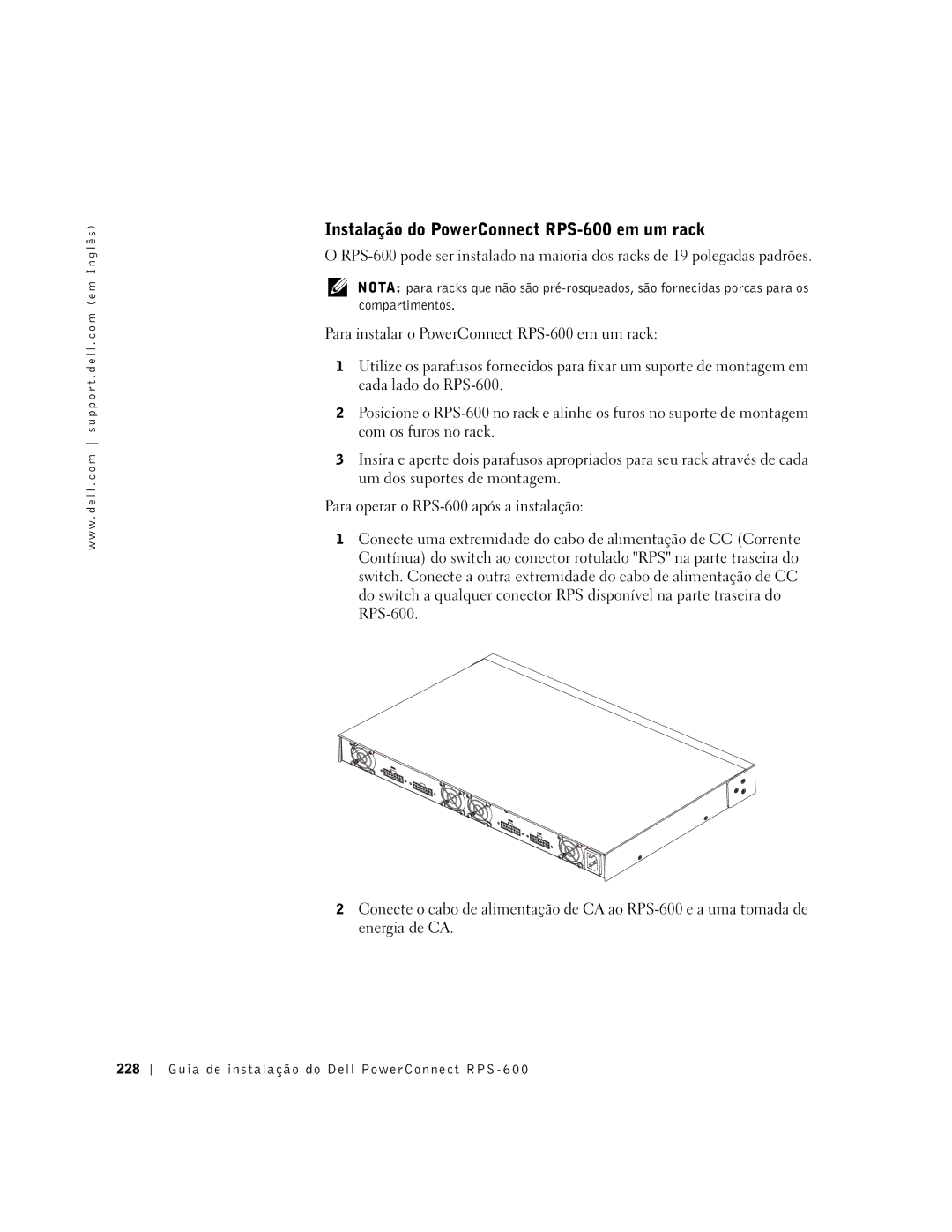 Dell 2T227 setup guide Instalação do PowerConnect RPS-600 em um rack 