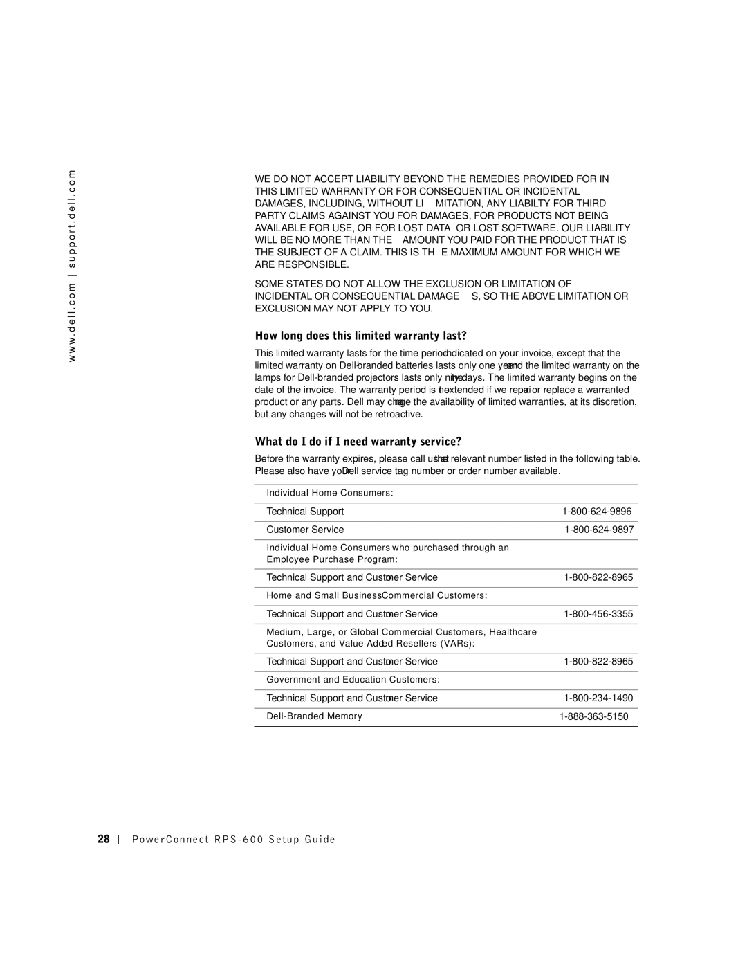 Dell 2T227, RPS-600 setup guide How long does this limited warranty last?, What do I do if I need warranty service? 