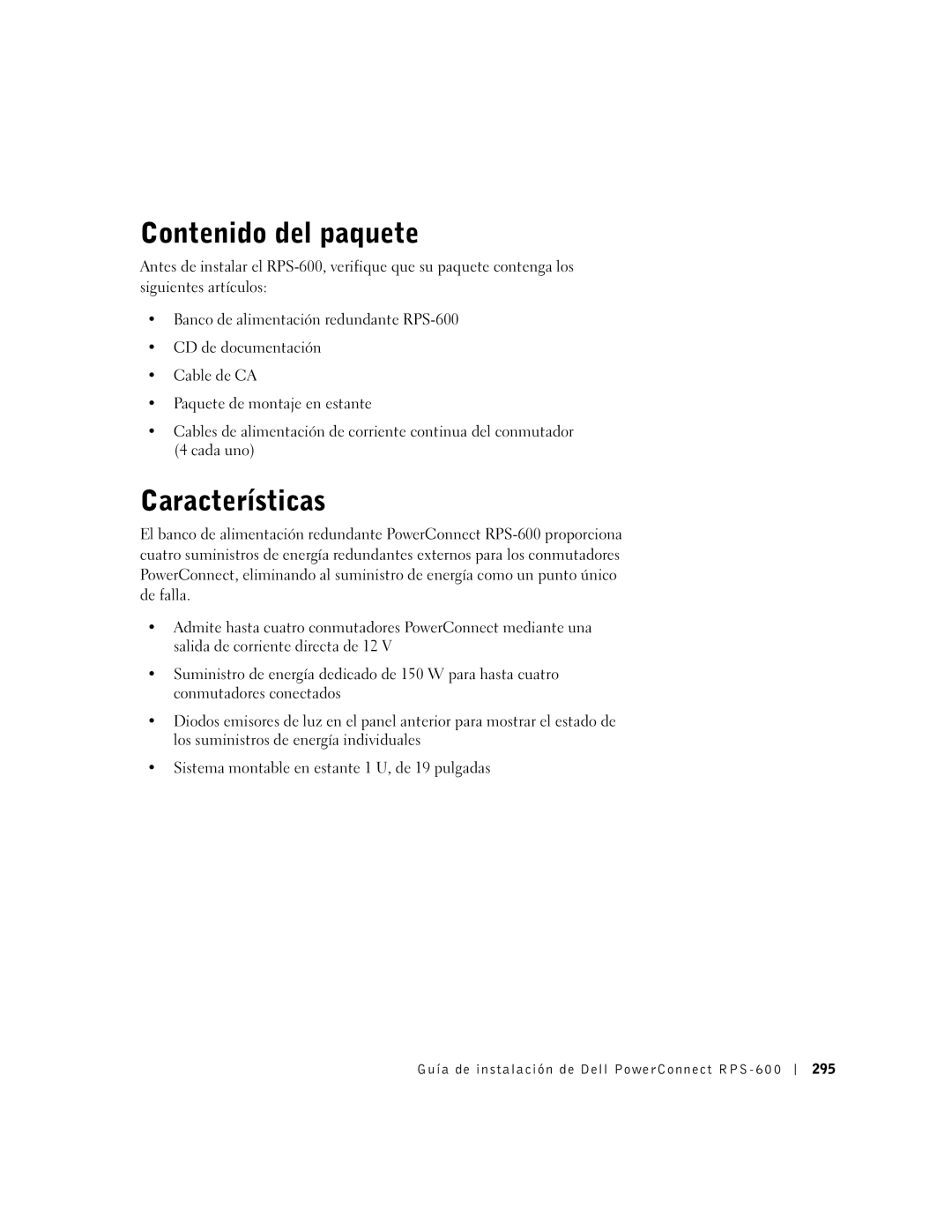 Dell RPS-600, 2T227 setup guide Contenido del paquete, Características 