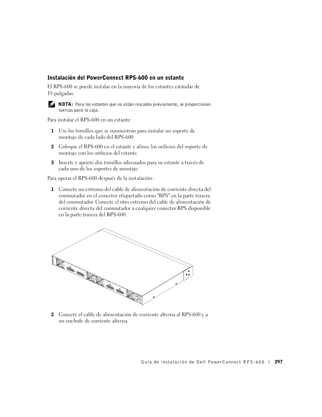 Dell 2T227 setup guide Instalación del PowerConnect RPS-600 en un estante 