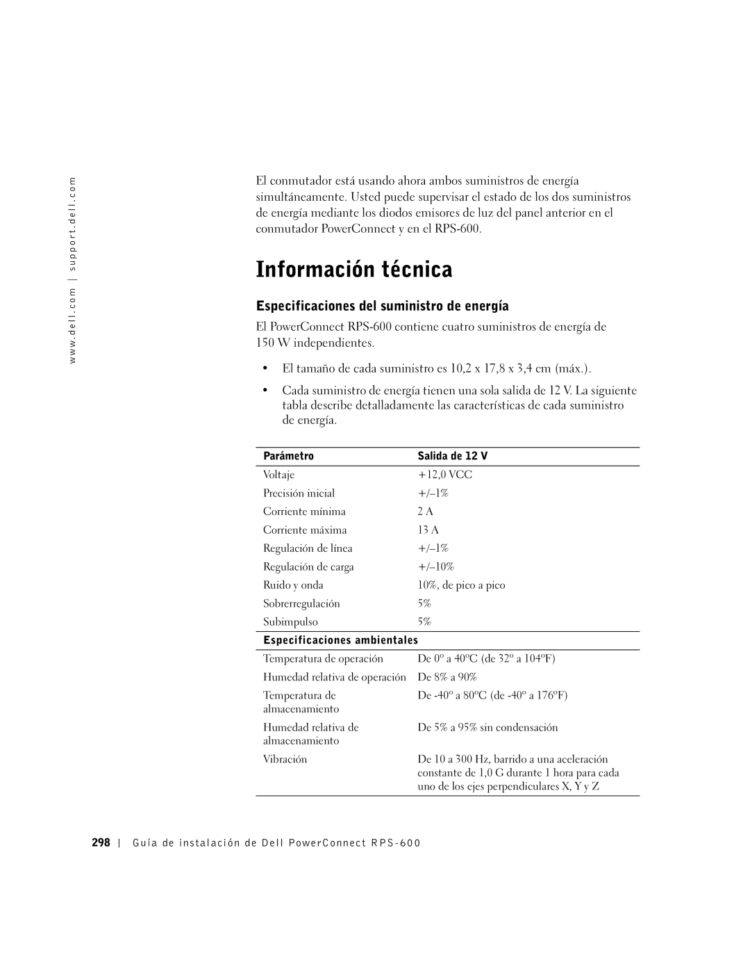 Dell 2T227, RPS-600 setup guide Información técnica, Especificaciones del suministro de energía 