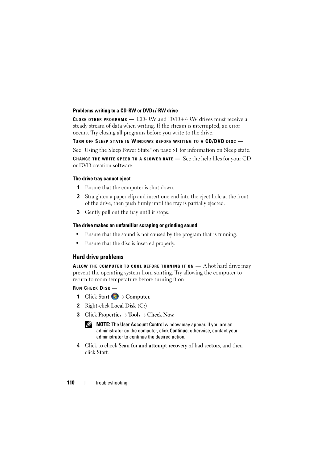 Dell RT722, PP22L owner manual Hard drive problems, Problems writing to a CD-RW or DVD+/-RW drive, 110 