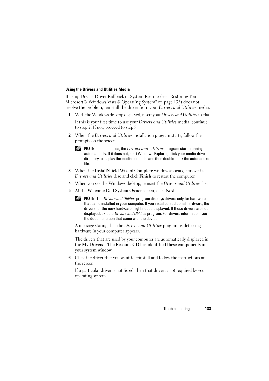 Dell PP22L, RT722 Using the Drivers and Utilities Media, At the Welcome Dell System Owner screen, click Next, 133 