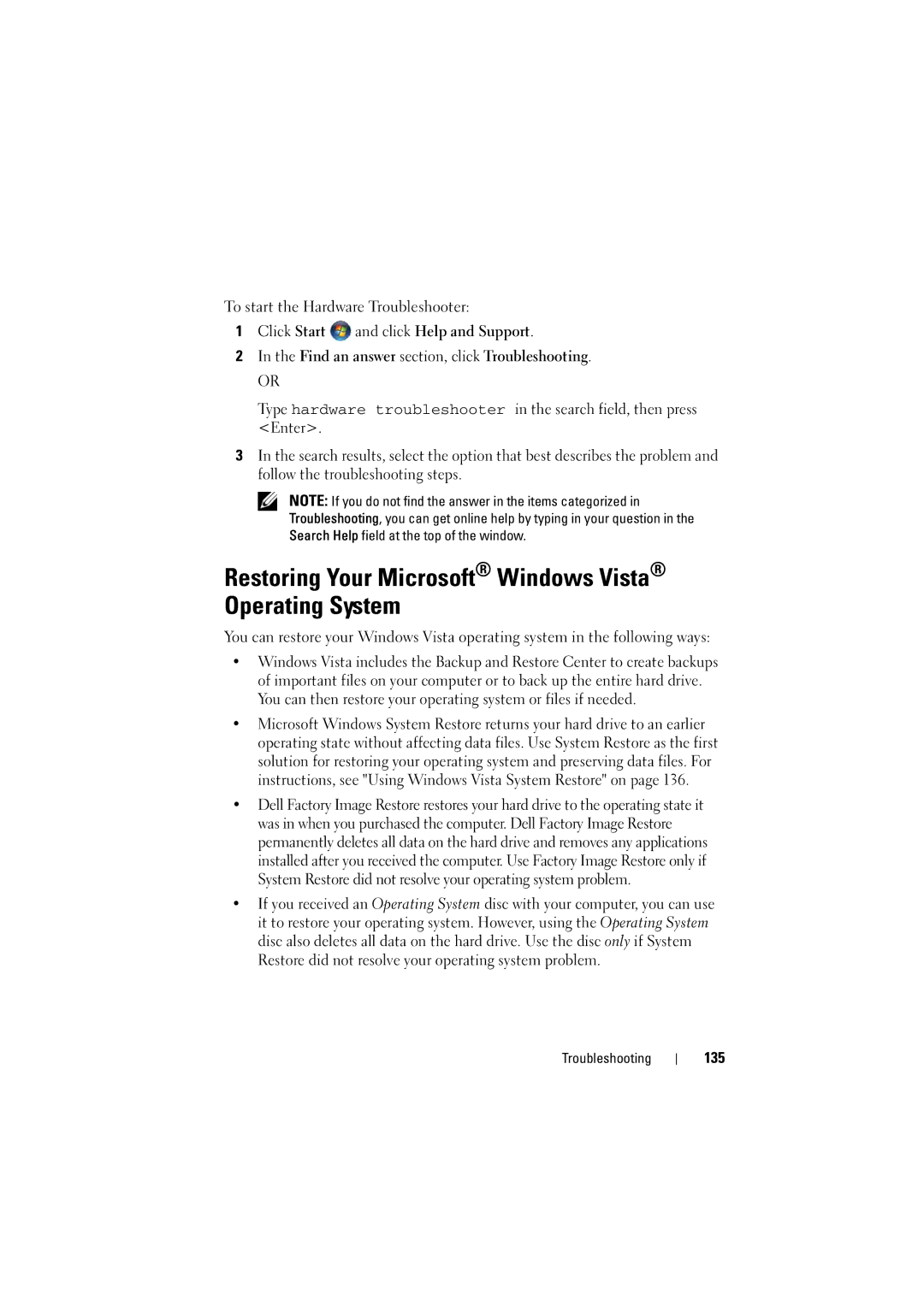 Dell PP22L, RT722 owner manual Restoring Your Microsoft Windows Vista Operating System, 135 