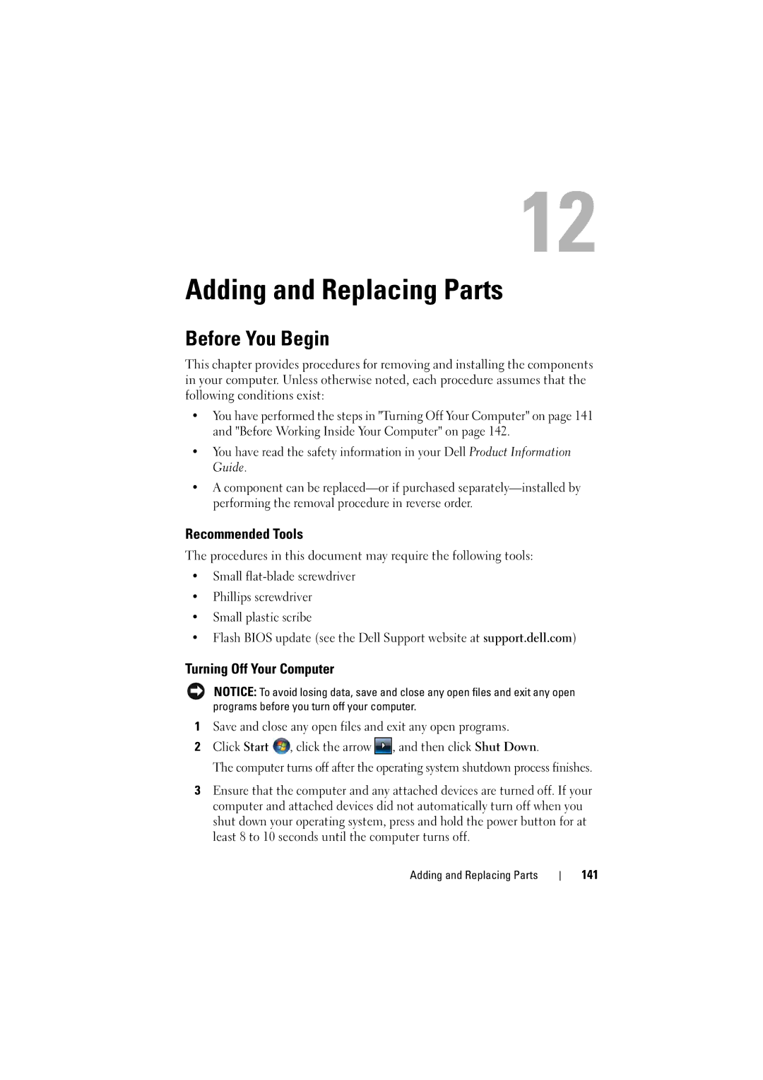 Dell PP22L, RT722 owner manual Adding and Replacing Parts, Before You Begin, Recommended Tools, Turning Off Your Computer 