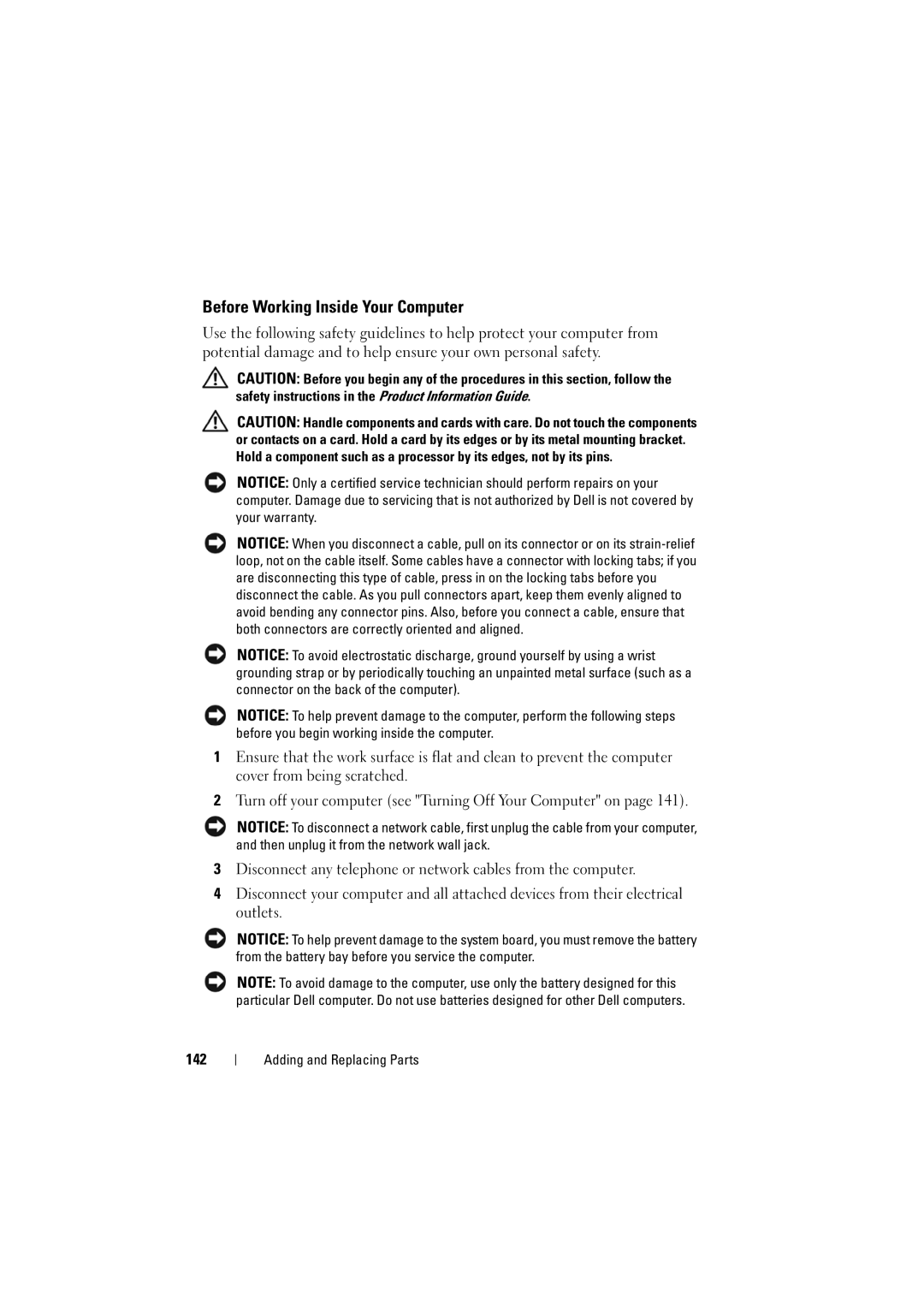 Dell RT722, PP22L owner manual Before Working Inside Your Computer, 142 