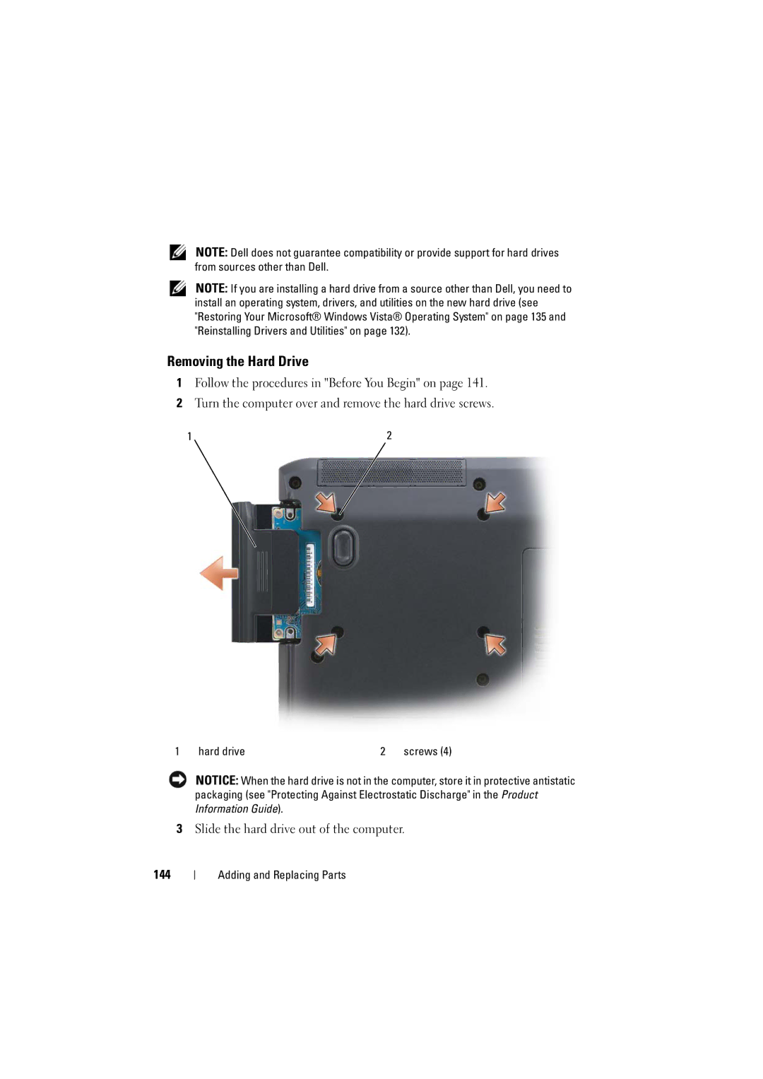 Dell RT722, PP22L owner manual Removing the Hard Drive, 144 