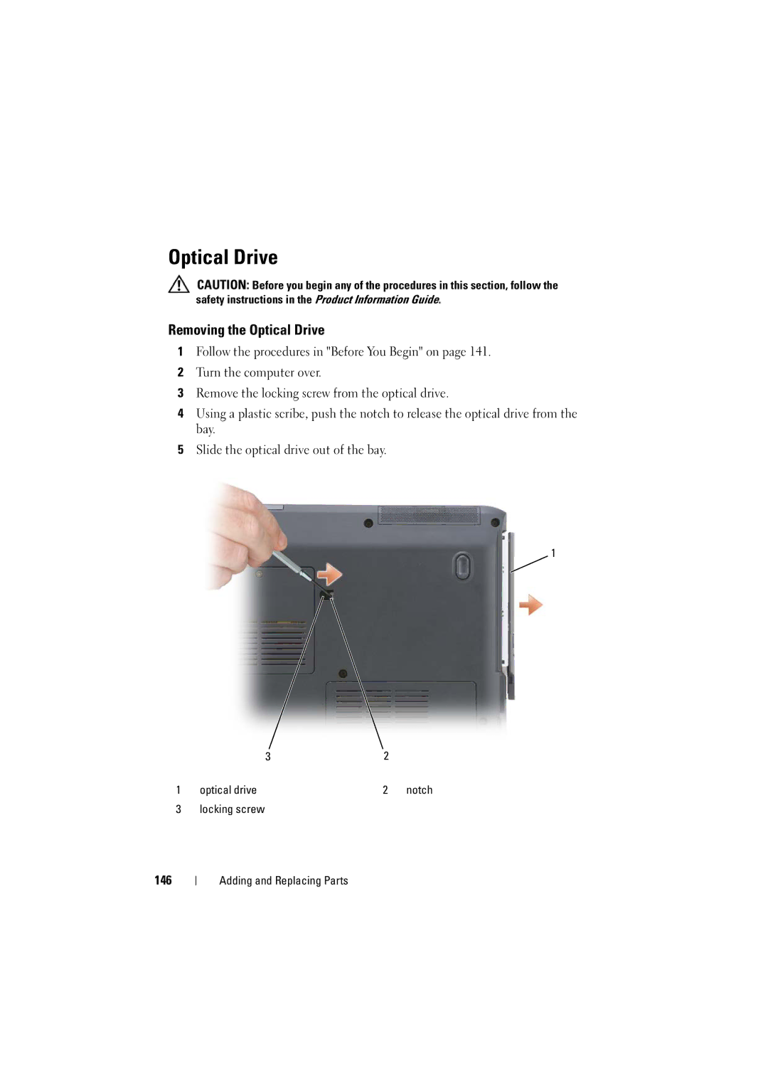 Dell RT722, PP22L owner manual Removing the Optical Drive, 146 