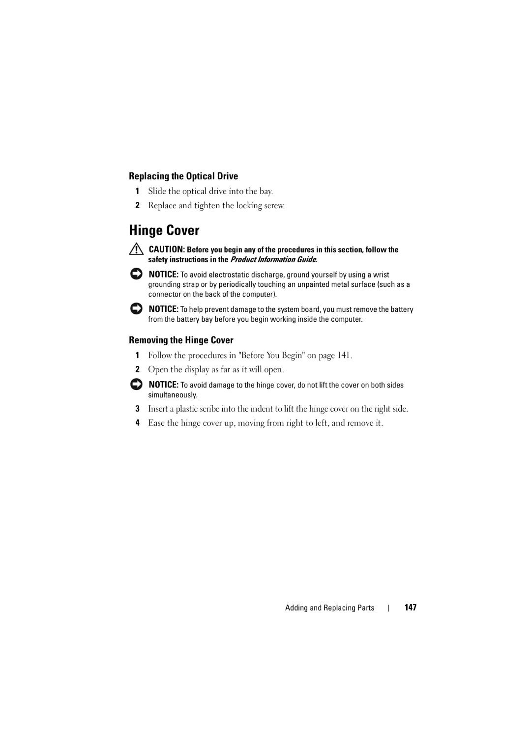 Dell PP22L, RT722 owner manual Replacing the Optical Drive, Removing the Hinge Cover, 147 