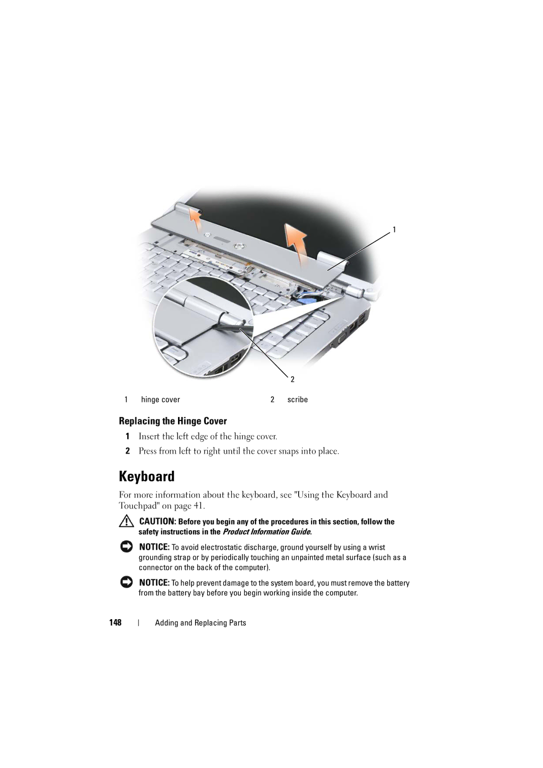 Dell RT722, PP22L owner manual Keyboard, Replacing the Hinge Cover 